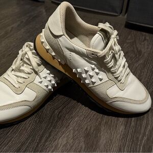 Valentino Garavani White and Tan Studded Sneakers